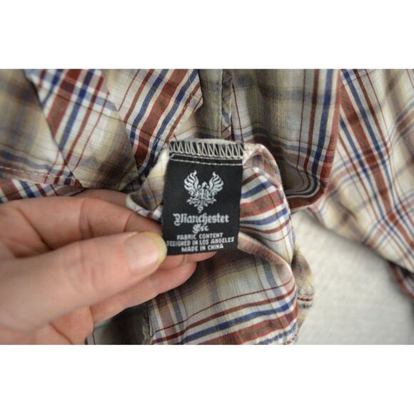 Manchester Men's Large Brown Plaid Embroidered Pearl Snap Western Shirt - Picture 7 of 16